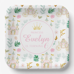 Pink teal gold little princess birthday girl paper plate