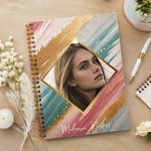 pink teal gold paint personalised photo notebook