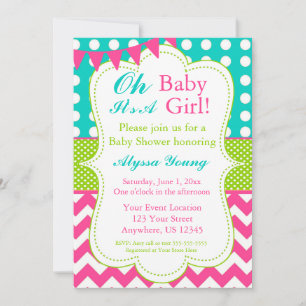 Pink Teal Green Baby Shower Invite