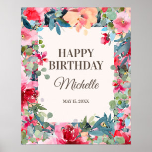 Pink Teal Green Floral Leaves Happy Birthday Party Poster