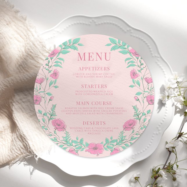 Pink teal green floral retro round Menu Card Plate (Creator Uploaded)