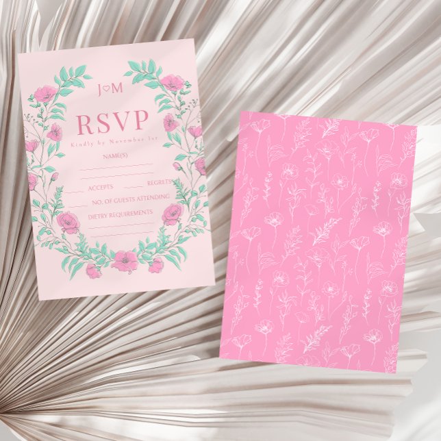 Pink teal green floral wreath bohemian wedding RSVP card (Creator Uploaded)