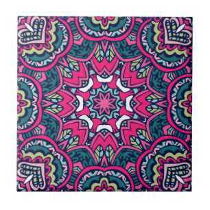 Pink, Teal & Green Vibrant Floral Mandala Ceramic Tile