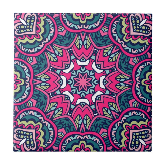 Pink, Teal & Green Vibrant Floral Mandala Ceramic Tile (Front)