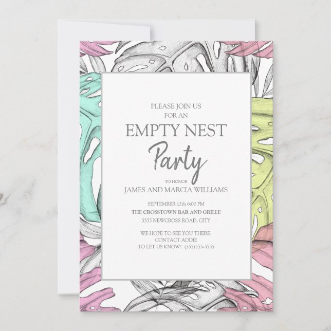 Pink Teal Grey Tropical Leaf Empty Nest Party Invitation (Front)