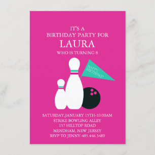 Pink & Teal Kids Bowling Party Birthday Invitation