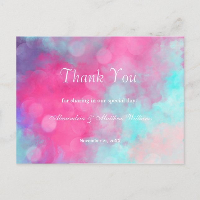 Pink teal lavender watercolor bokeh Thank You Postcard (Front)