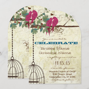 Pink Teal Love Birds Sitting In A Tree Wedding Invitation