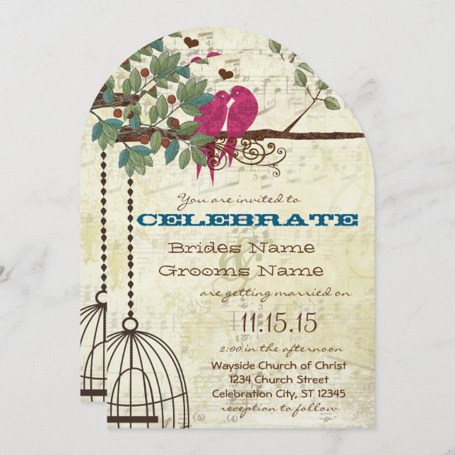 Pink Teal Love Birds Sitting In A Tree Wedding Invitation (Front/Back)