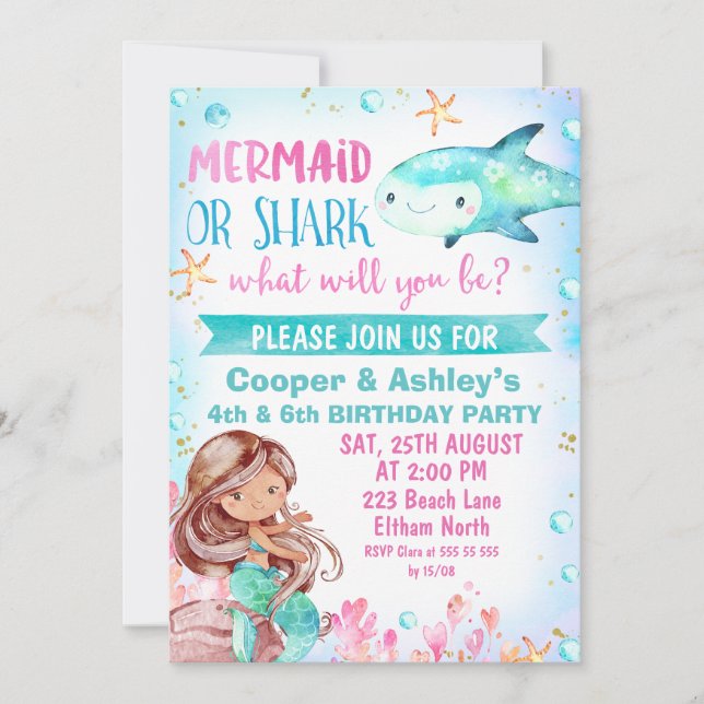 Pink Teal Mermaid and Shark Birthday Invitation (Front)