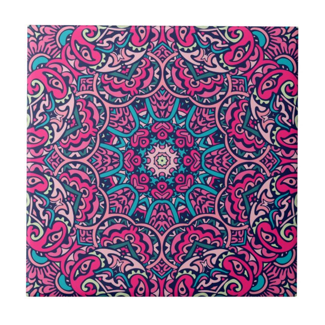 Pink, Teal & Navy Vibrant Boho Mandala Ceramic Tile (Front)