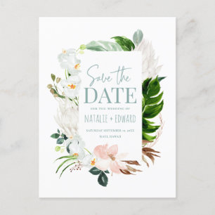 Pink, teal + orchid tropical floral photo announcement postcard