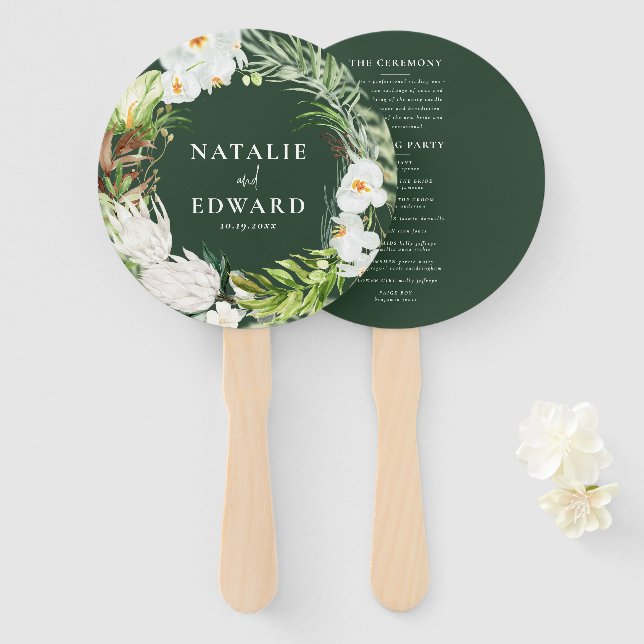 Pink, teal + orchid tropical floral wedding hand fan (Front and Back)