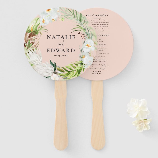 Pink, teal + orchid tropical floral wedding hand fan (Front and Back)
