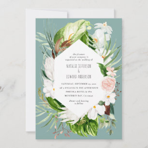 Pink, teal + orchid tropical floral wedding invite