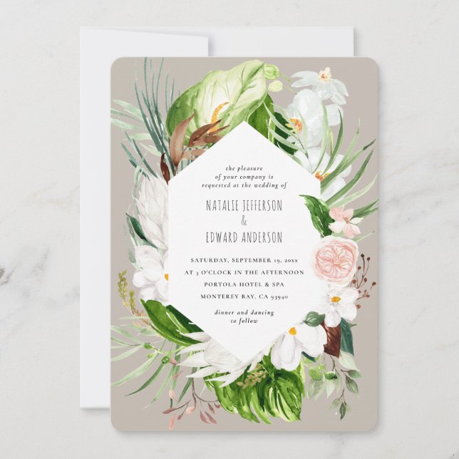 Pink, teal + orchid tropical floral wedding invite (Front)