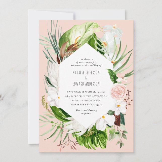 Pink, teal + orchid tropical floral wedding invite (Front)