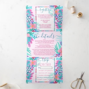 Pink Teal Painted Flowers Registry Detail RSVP Tri-Fold Invitation