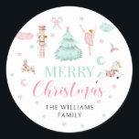 Pink teal pastel nutcracker merry Christmas Classic Round Sticker<br><div class="desc">Pink teal pastel watercolor nutcracker ballet toys and candy merry Christmas round sticker.</div>