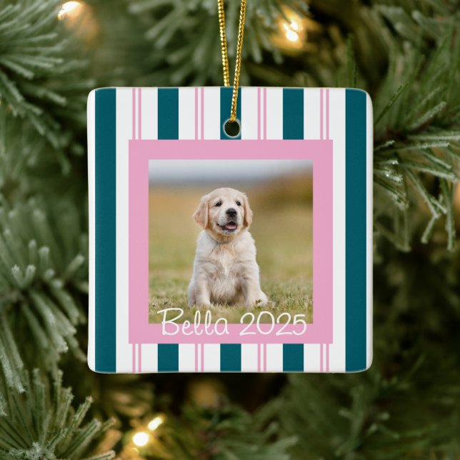 Pink Teal Pet Photo with Name Ceramic Ornament (Tree)