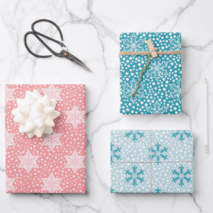 Pink Teal Polka Dots Snowflakes Christmas Wrapping Paper Sheet