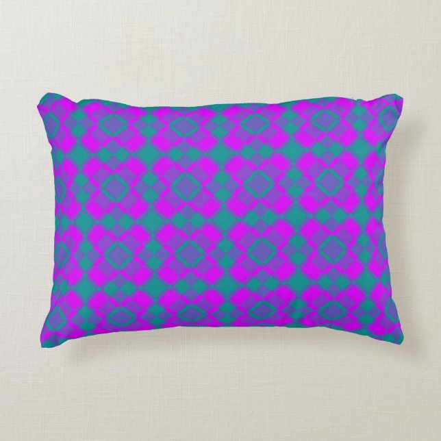 Pink Teal Purple Checker Argyle Pattern Decorative Cushion (Front)