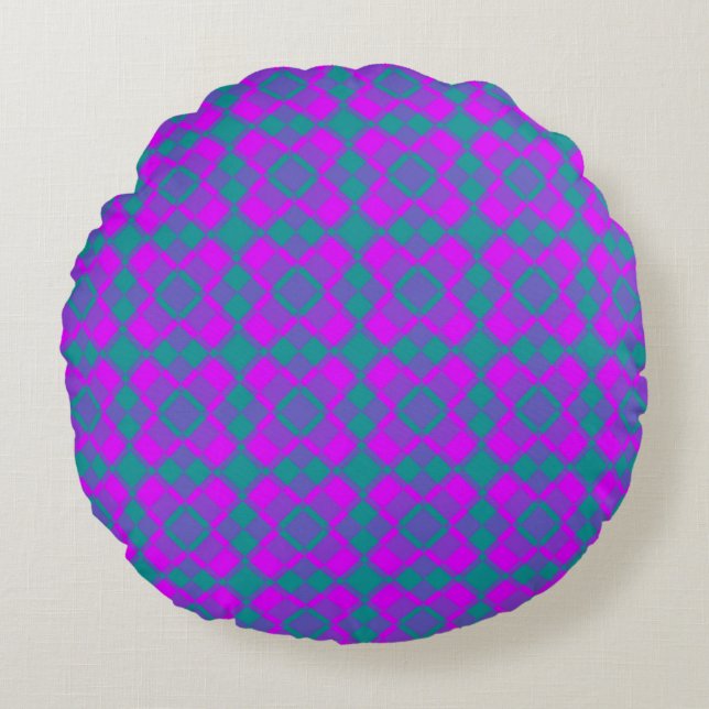 Pink Teal Purple Checker Argyle Pattern Round Cushion (Front)