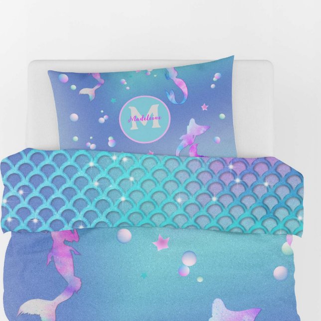 Pink Teal Sea Ocean Shells Mermaid Monogram Teen Pillowcase (Creator Uploaded)