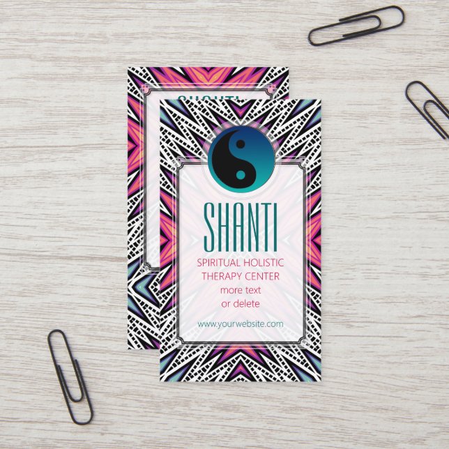 Pink Teal Shanti YinYang NewAge Yoga Business Card (Front/Back In Situ)