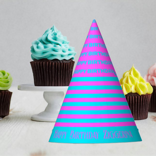 Pink, Teal Stripes Birthday Party Hat (Creator Uploaded)