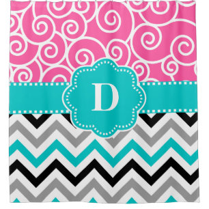 Pink Teal Swirl Chevron Personalised Shower Curtain