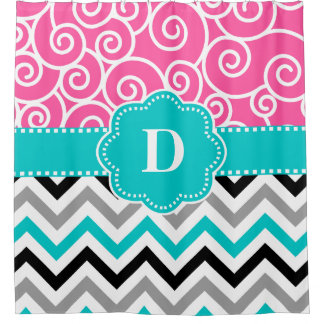 Pink Teal Swirl Chevron Personalised Shower Curtain