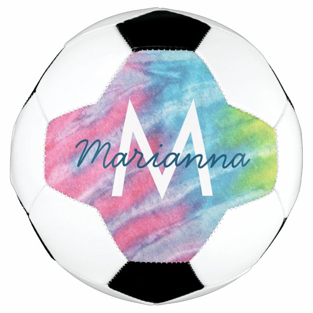 Pink Teal Tie Dye Name and Initial Personalised Soccer Ball (Front)