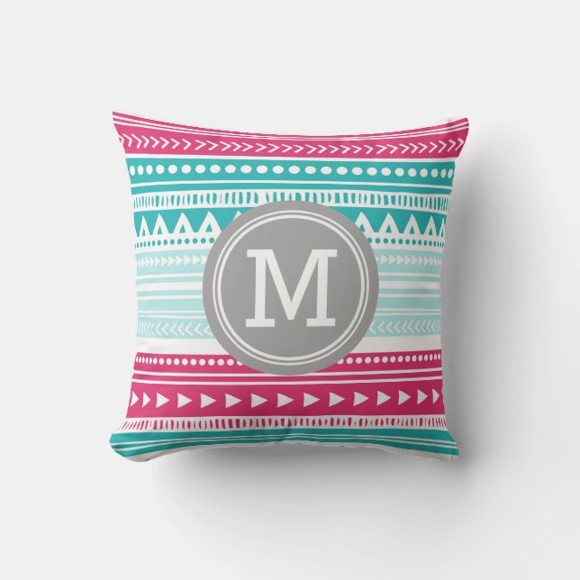 Pink Teal Tribal Monogram Decorative Pillow (Front)