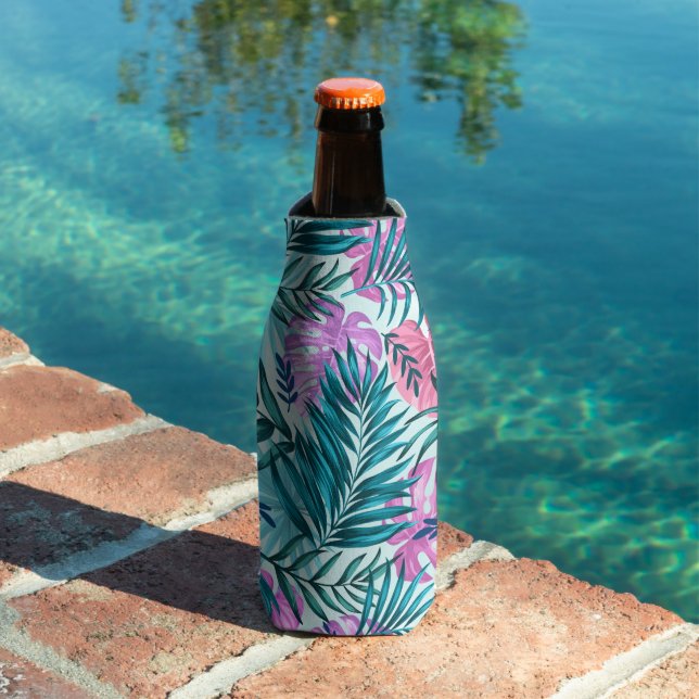 Pink & Teal Tropical Palm & Monstera Leaves Bottle Cooler (In Situ Pool)