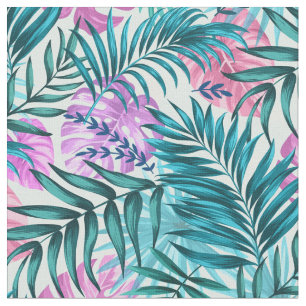 Pink & Teal Tropical Palm & Monstera Leaves Fabric