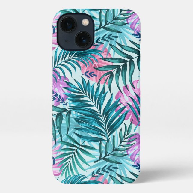 Pink & Teal Tropical Palm & Monstera Leaves iPhone Case (Back)