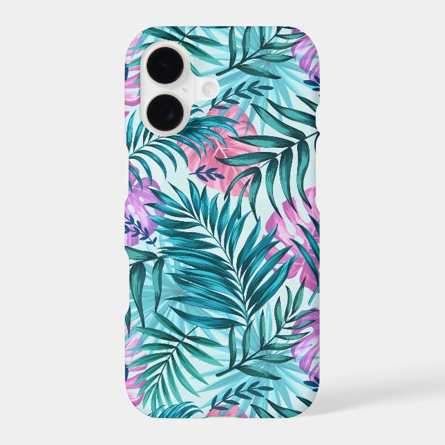 Pink & Teal Tropical Palm & Monstera Leaves iPhone Case (Back)