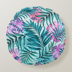 Pink & Teal Tropical Palm & Monstera Leaves Round Cushion