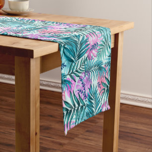 Pink & Teal Tropical Palm & Monstera Leaves Short Table Runner