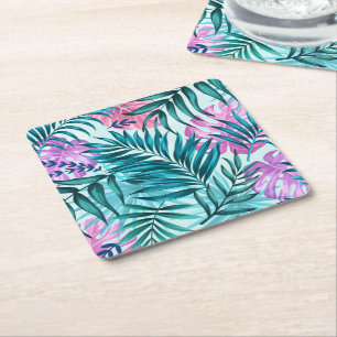 Pink & Teal Tropical Palm & Monstera Leaves Square Paper Coaster