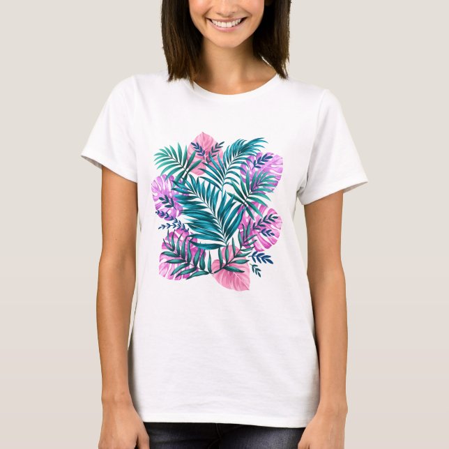 Pink & Teal Tropical Palm & Monstera Leaves T-Shirt (Front)