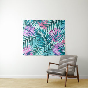 Pink & Teal Tropical Palm & Monstera Leaves Tapestry