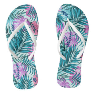 Pink & Teal Tropical Palm & Monstera Leaves Thongs