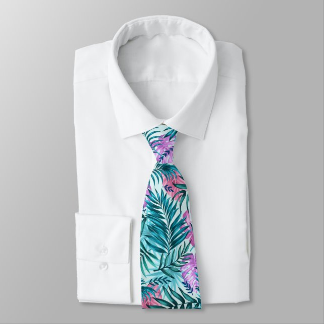 Pink & Teal Tropical Palm & Monstera Leaves Tie (Tied)