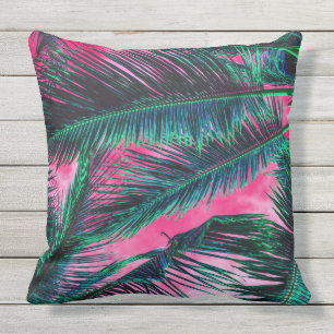Pink Teal Tropical Summer Palm Tree Fronds Cushion