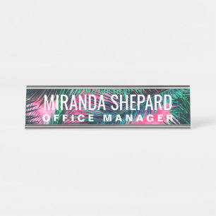 Pink Teal Tropical Summer Palm Tree Fronds Desk Name Plate