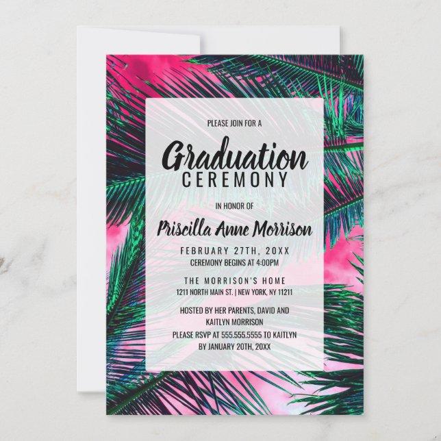 Pink Teal Tropical Summer Palm Tree Fronds Invitation (Front)