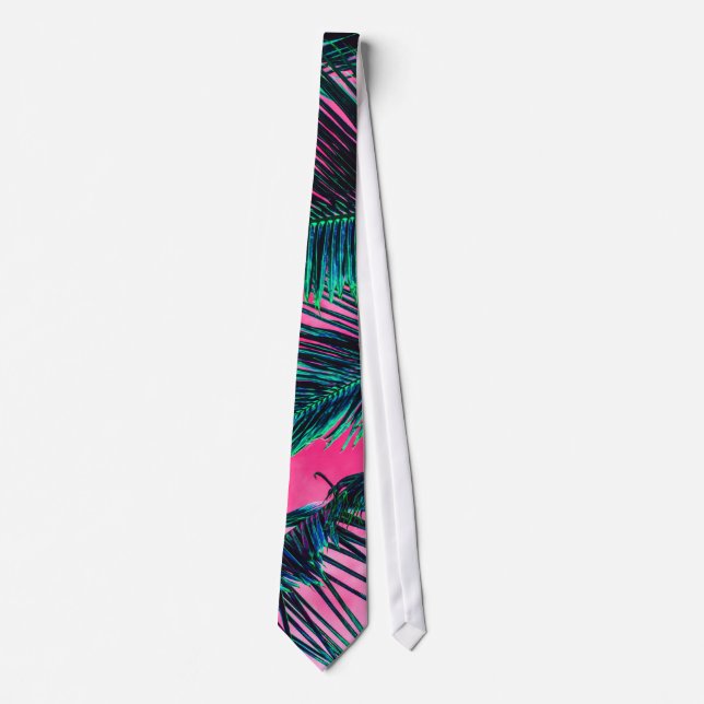 Pink Teal Tropical Summer Palm Tree Fronds Tie (Front)