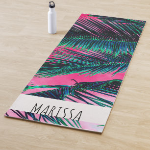 Pink Teal Tropical Summer Palm Tree Fronds Yoga Mat